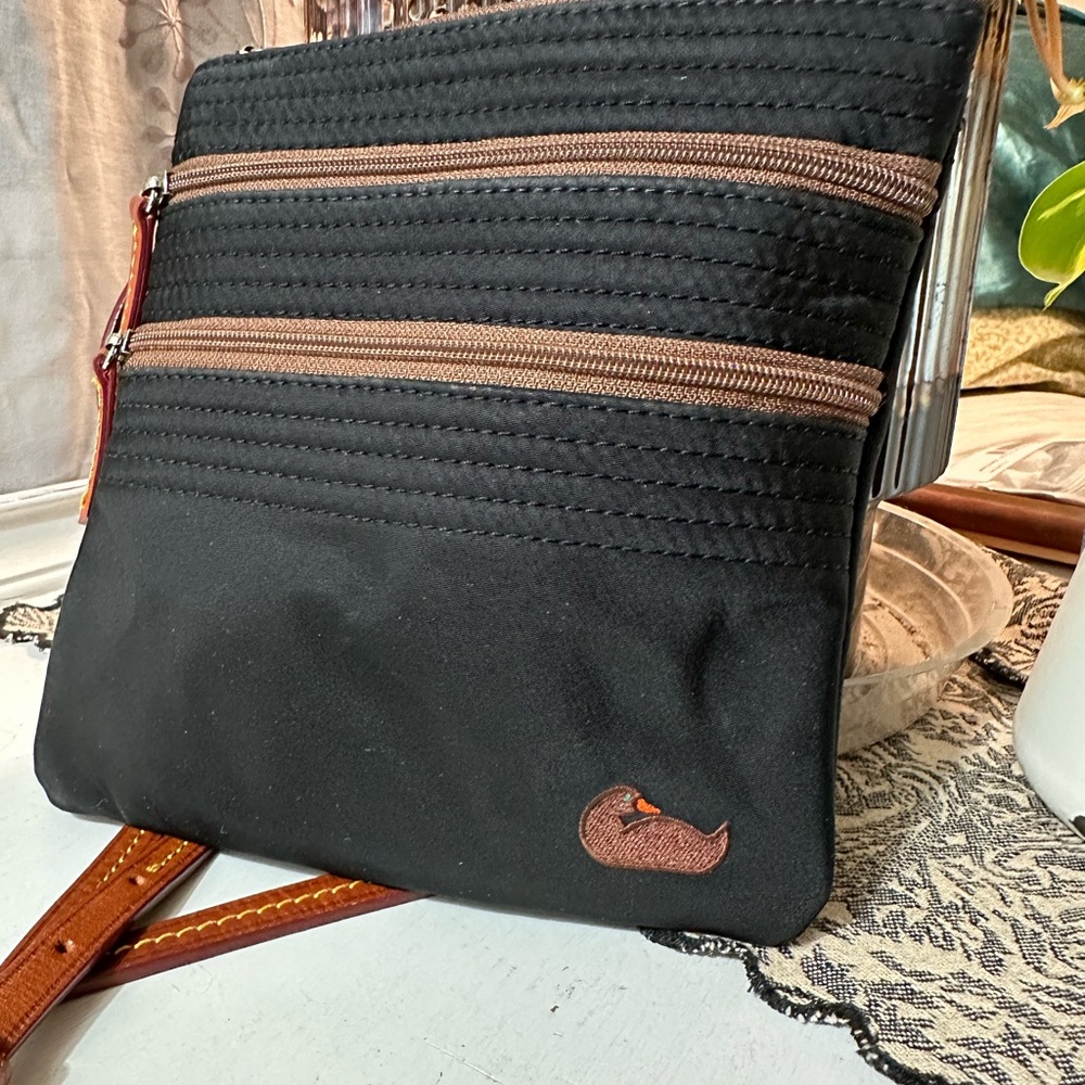 Dooney & Bourke Black Nylon North South Triple Zip Crossbody with Brown Leather